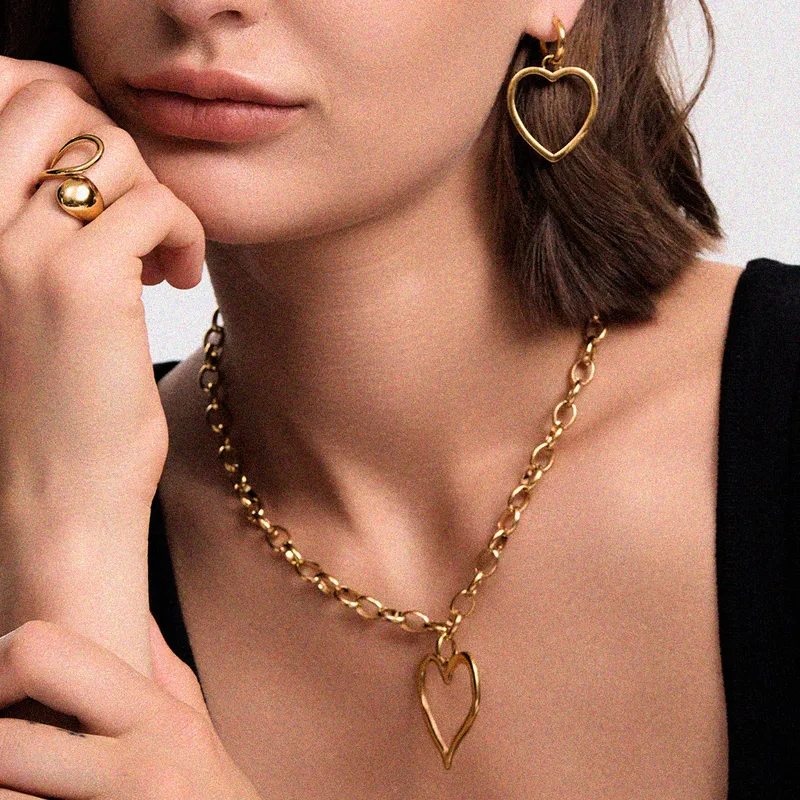 Wholesale 18K Real Gold Plated 304 Stainless Steel PVD Coated Heart Shape Simple Style Jewelry Set For Women