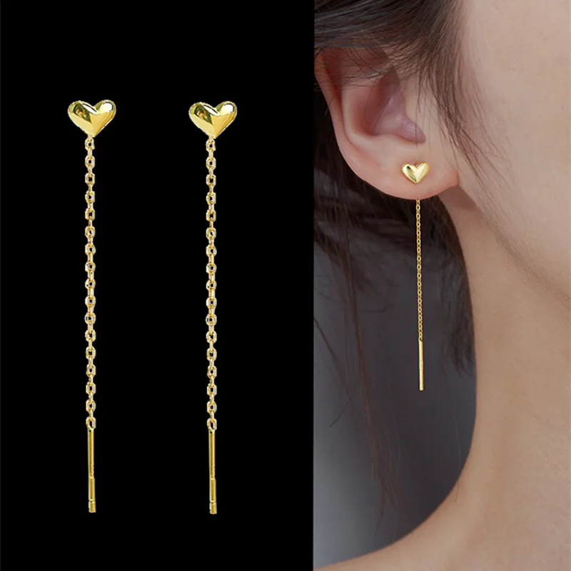 Wholesale Fashion Heart Shape Titanium Steel Tassel Ear Line Ear Studs 1 Pair