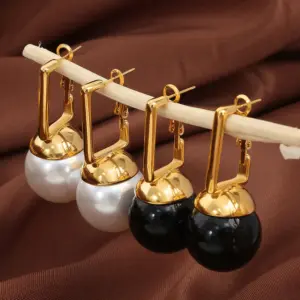 Wholesale 304 Stainless Steel Round PVD Coated Glass Bead Real Gold Plated 18K Gold Simple Style Waterproof Non Tarnish Plating Inlay Drop Earrings