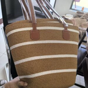 Straw bag-khaki white wide stripes / 42*28*13cm