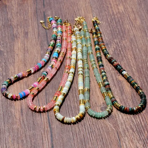 Vacation Bohemian Color Block 316 Stainless Steel Natural Stone Electroplated Beaded Chain Necklace In Bulk