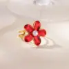 Wholesale Stainless Steel Colorful Flower Ring For Women 18K Gold Plated Elegant Pearl Embedded Adjustable Open Mouth Finger Ring