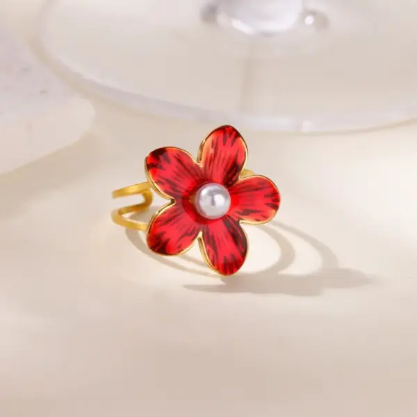 Wholesale Stainless Steel Colorful Flower Ring For Women 18K Gold Plated Elegant Pearl Embedded Adjustable Open Mouth Finger Ring