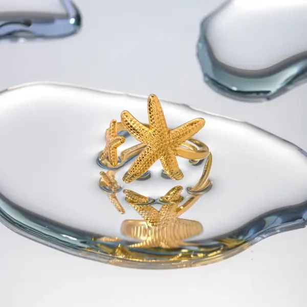 PVD Coated Real Gold Plated Starfish 304 Stainless Steel IG Style Waterproof Non Tarnish Open Rings