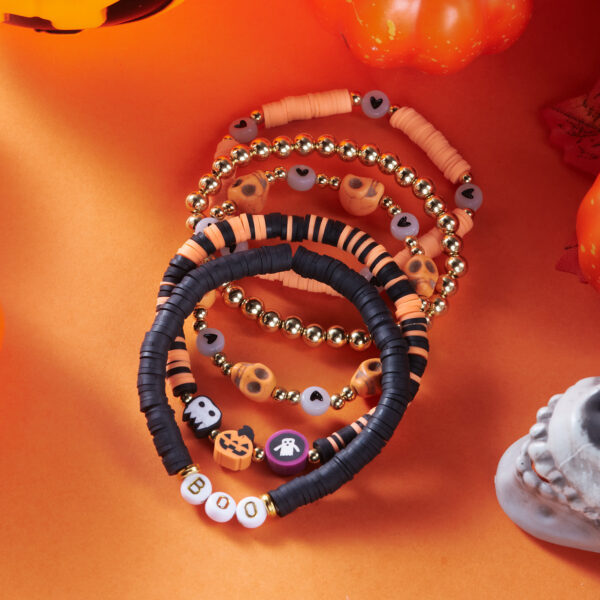 Wholesale Halloween Colorful Polymer Clay Bracelet Fashionable and Unique Skull Pumpkin Letter Elastic Beaded Set