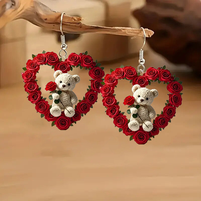 Wholesale Acrylic Rose Bear Heart Earrings Elegant Party Aessories Valentine's Day/Mother's Day Fashion Aessories