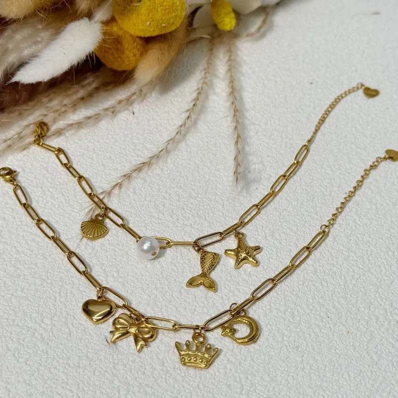 Wholesale 304 Stainless Steel Synthetics Starfish Hipcampus Pearl Long-Lasting Plated PVD Coated 18K Real Gold Plated Vacation Beach Cuban Link Chain