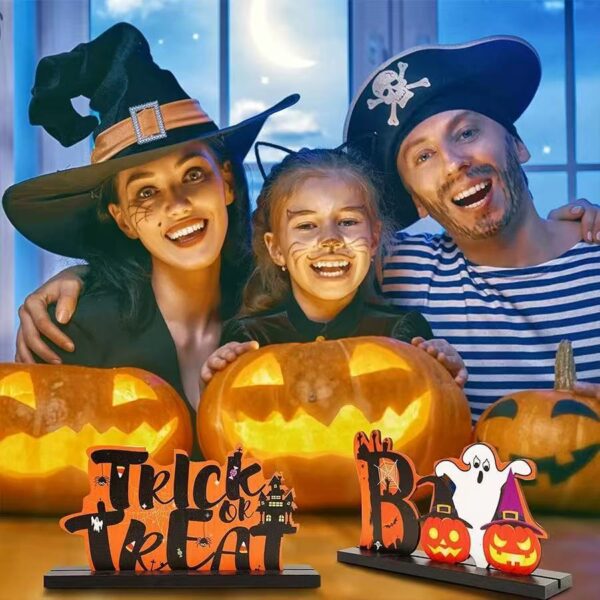 Wholesale 3 Halloween Black Letter Orange Wooden Ornaments with Bases - Halloween Desktop Wooden Ornaments