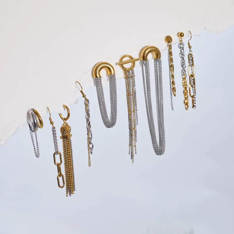 Wholesale Color Block Tassel Long Earrings 304 Stainless Steel Earrings Wind Ear Jewelry Plated 18K Real Gold Vacuum Electroplating
