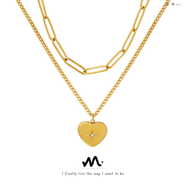 Wholesale European and American Jewelry Double-layer Heart-shaped Mang Star Inlaid Zircon Pendant Necklace Titanium Steel Plated 18k Gold Light Luxury Ins Style Jewelry
