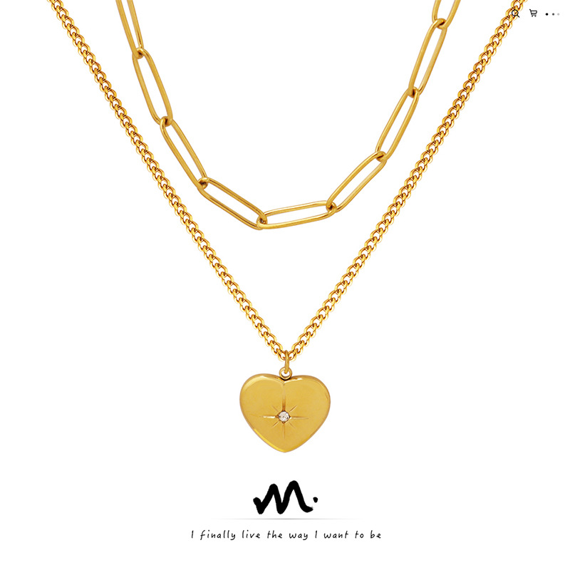 Wholesale European and American Jewelry Double-layer Heart-shaped Mang Star Inlaid Zircon Pendant Necklace Titanium Steel Plated 18k Gold Light Luxury