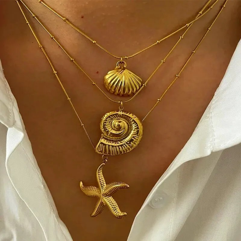 Wholesale 304 Stainless Steel Starfish Conch Shell PVD Coated Imitation Pearl Real Gold Plated Marine Style Waterproof Non Tarnish Surgical Steel Cros