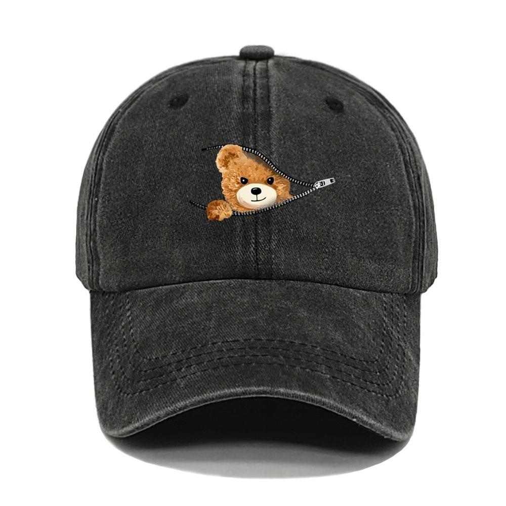Wholesale Cross-Border Personalized Zipper Bear Print Baseball Cap Cotton Retro Washed Sun Hat Men and Women Outdoor Srts Fishing Hat