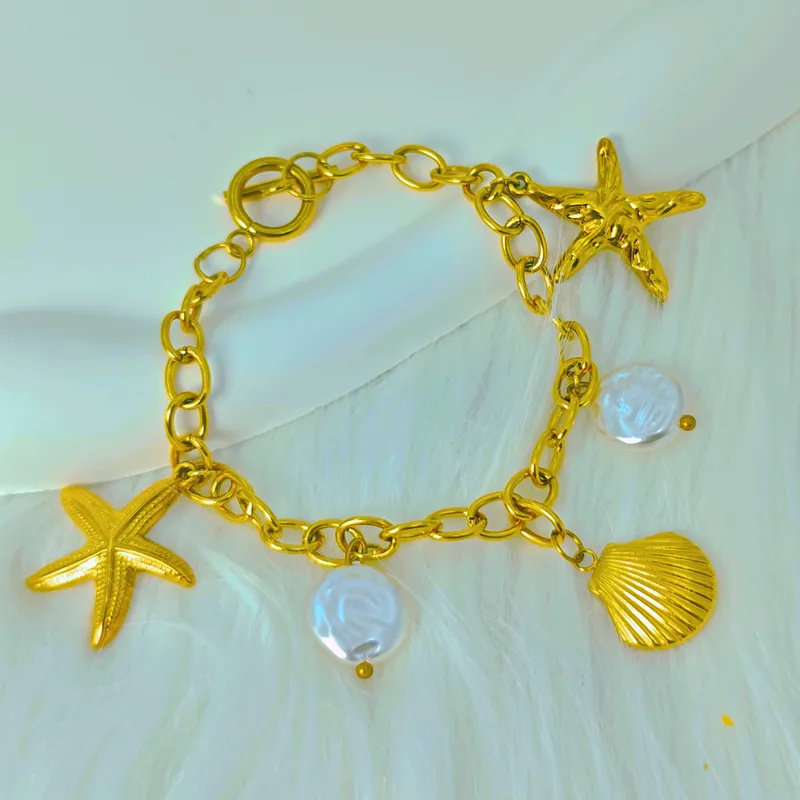 Wholesale 304 Stainless Steel Starfish Shell PVD Coated Golden Plated Hip-Hop Cable Chain Bracelets