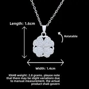 XL648 Rotating Full Zircon Four-Leaf Clover Necklace / Silver