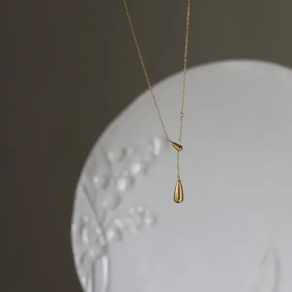 18K Real Gold Plated 304 Stainless Steel PVD Coated Water Droplets Waterproof Non Tarnish Plating Cable Chain Pendant Necklace
