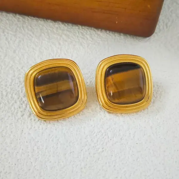 1 Pair Elegant Nordic Style Retro Square (Accessory) Waterproof Non-Fading 304 Stainless Steel Resin Tiger Eye Vacuum Electroplating (Fired) 18K Gold Butterfly Ear Caps Women's Earrings Studs