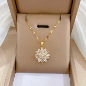 Wholesale Real Gold Plated 304 Stainless Steel PVD Coated Artificial Gemstones Flower Waterproof Non Tarnish Classic Style Pendant Necklace For Women's