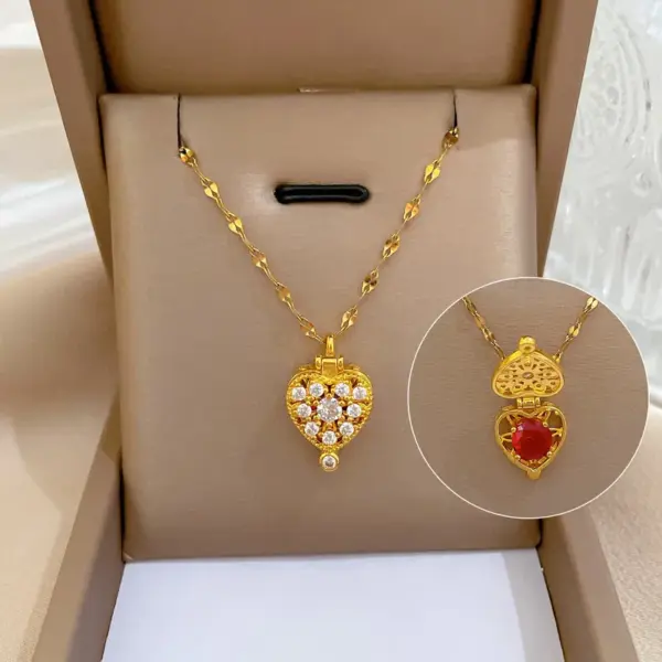 Wholesale Real Gold Plated 304 Stainless Steel PVD Coated Zircon Heart Shape Waterproof Non Tarnish Retro Coffee Bean Chain Pendant Necklace For Women'S