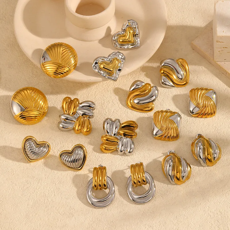 Wholesale 1 Pair Simple Style Geometric Heart Shape Mixed Metal Inlay 304 Stainless Steel Zircon 18K Gold Plated Ear Studs