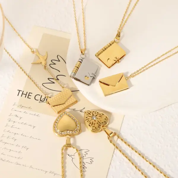 Wholesale 304 Stainless Steel Book Envelope Heart Shape PVD Coated Rhinestones 18K Gold Plated 18K Real Gold Plated Real Gold Plated IG Style Simple Style Artistic Waterproof Non Tarnish Plating Hollow Out Cable Chain Gold Silver Pendant Necklace