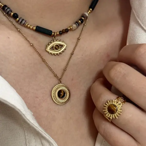 Wholesale 304 Stainless Steel Natural Stone Titanium Steel 14K Gold Plated Retro Ethnic Style Classic Style Plating Geometric Round Eye Rings Necklace