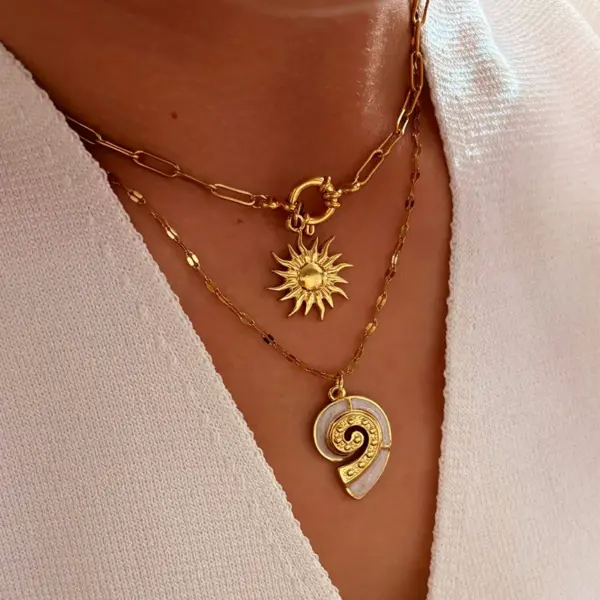 Wholesale 304 Stainless Steel Tortoise Starfish Conch PVD Coated Freshwater Pearl Real Gold Plated Retro Beach Waterproof Non Tarnish Surgical Steel Inlay Lip Chain Gold Pendant Necklace