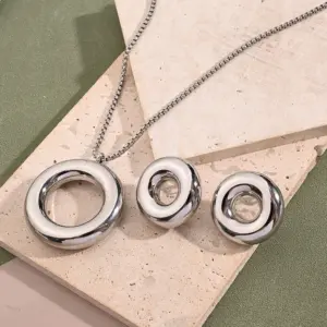 Light Gold Hollow Circle Earrings & Necklace Suit (Steel Color) [Length: 495mm; Needle Thickness: 0.6mm] / 1 Set/Package