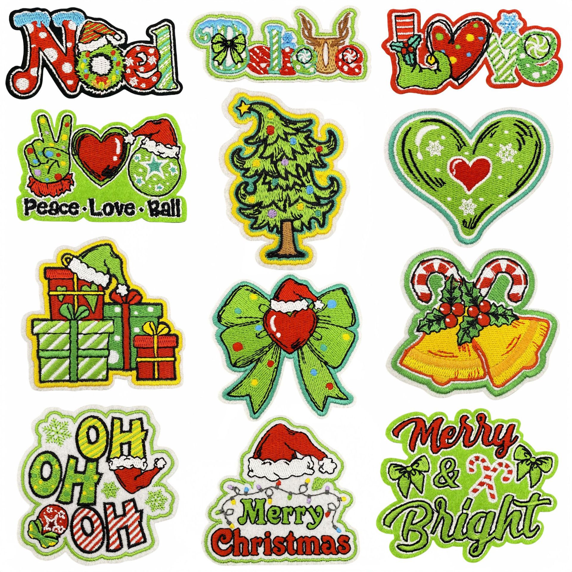 Wholesale Green series cartoon Christmas embroidered patch, new patch, embroidered badge, ironing patch, clothing aessory decoration.