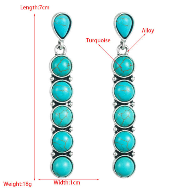 Wholesale Foreign Trade Hot Sale Turquoise Earrings Women's European and American Ethnic Style Ancient Silver Round Stone Creative Long Banquet Earrings