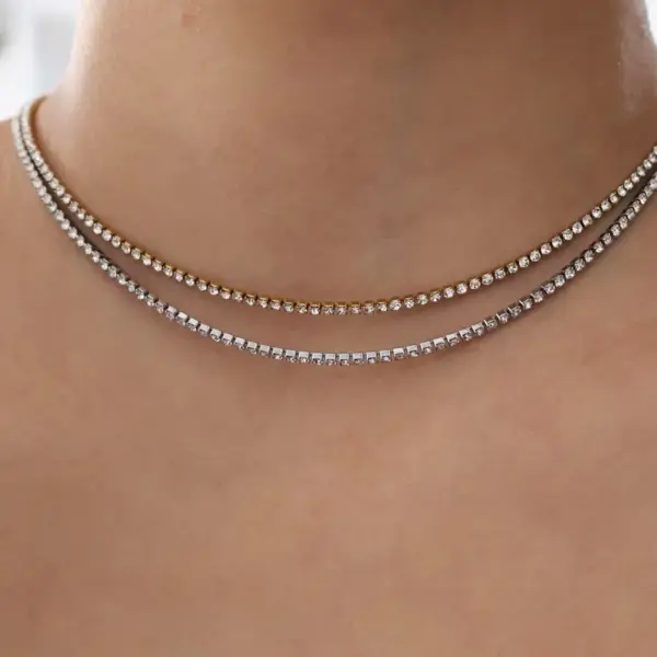 Wholesale 201 Stainless Steel Grid PVD Coated Artificial Rhinestones 18K Gold Plated Retro Classic Style Waterproof Non Tarnish Polishing Plating Tennis Chain Gold Jewelry Set