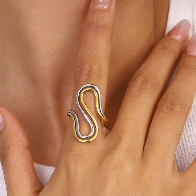 Wholesale PVD Coated Real Gold Plated Color Block 304 Stainless Steel Casual Vacation Classic Style Waterproof Non Tarnish Open Rings