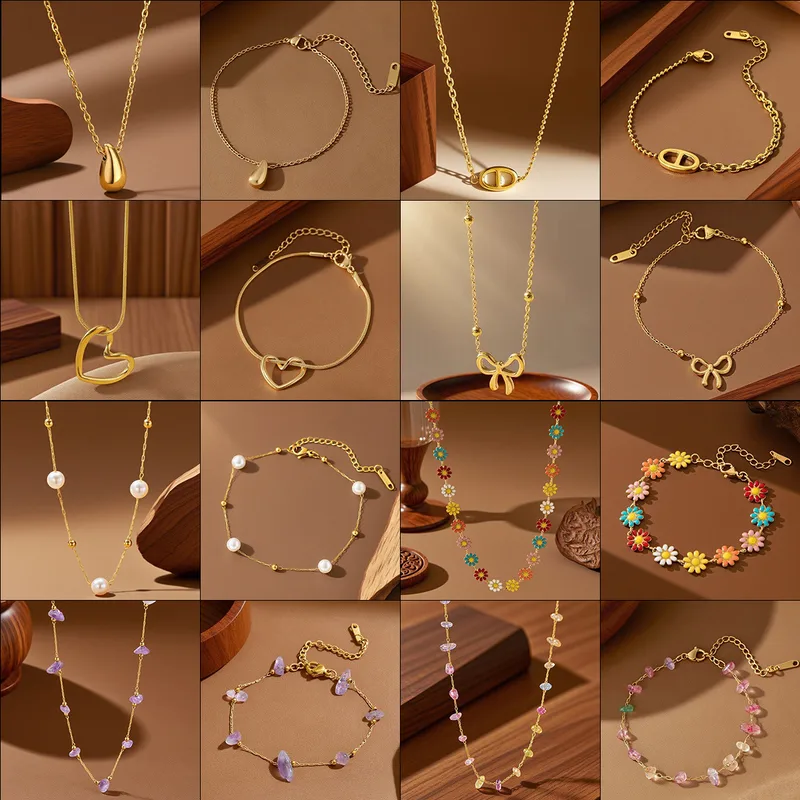Wholesale 2025 New Titanium Steel Jewelry Set For Women Fashion Summer Necklace Bracelet Aessories Cross Electroplated Bowknot