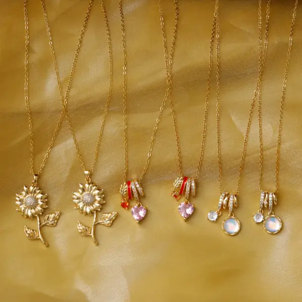 Wholesale Vacuum Plating 16K Gold Plated 18K Gold Plated Sunflower Heart Shape 304 Stainless Steel Sweet Commute 304 Stainless Steel Lobster Trigger Clasp Closure Pendant Necklace