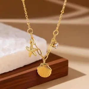 X0219-Starfish Shell-Necklace- Gold