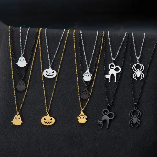 Wholesale 201 Stainless Steel Pumpkin Ghost Spider Plated KC Golden Plated Funny Asymmetrical Hollow Out O-shaped Chain Gold Black Pendant Necklace