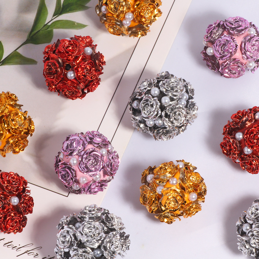 Wholesale New Metallic Rose Flower Ball Straight Hole Loose Beads DIY Mobile Phone Key Chain Jewelry Aessories