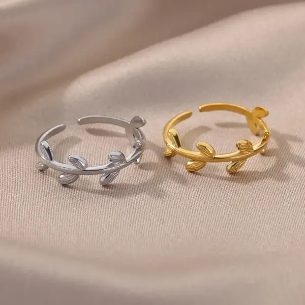 Wholesale PVD Coated Real Gold Plated Leaf Stainless Steel Fashion Waterproof Non Tarnish Open Ring