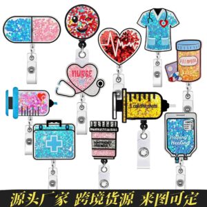 Wholesale Acrylic quicksand flash syringe love easy pull buckle rotating ID buckle doctor nurse retractable badge reel