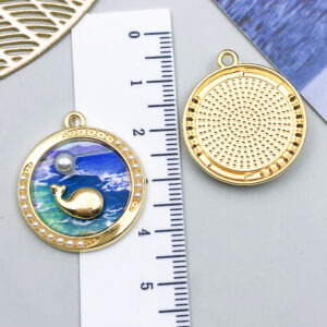 1 blue round pearl whale 28x24x4mm-3.2g-23570 / Monet garden oil painting style three-dimensional pendant