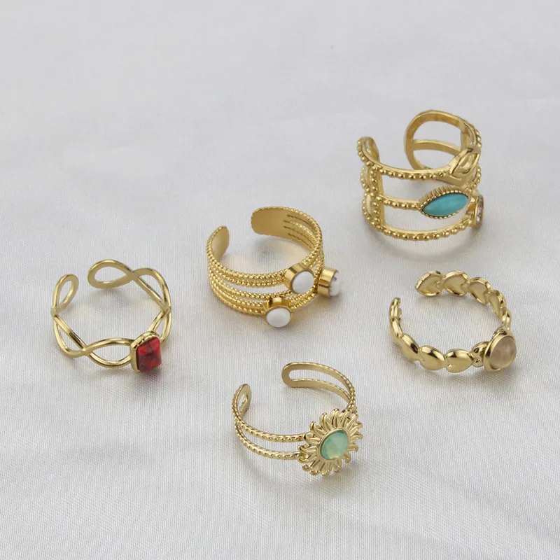 Wholesale Jewelry Simple Style Round 304 Stainless Steel Natural Stone 18K Gold Plated Open Ring