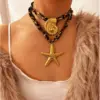 304 Stainless Steel Sunflower Starfish Conch PVD Coated Rhinestones Real Gold Plated Exaggerated Cool Style Waterproof Non Tarnish Surgical Steel Cord String Lobster Trigger Clasp Closure Gold Pendant Necklace