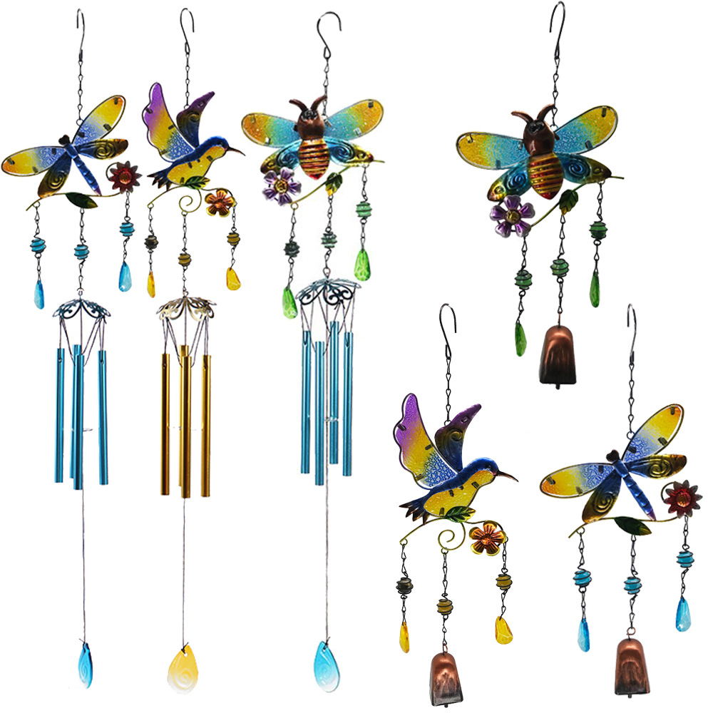 Wholesale Wrought Iron Wind Bell Diamond Glass Painted Bell Bell Pipe Creative Garden Hanging Acrylic Pendant St Cross-Border