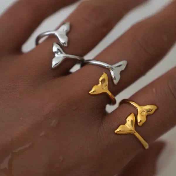 Ion Plating (IP) Real Gold Plated 18K Gold Fish Tail 304 Stainless Steel IG Style Vacation Beach Waterproof Non Tarnish Rings