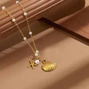 X0181-Pearl Starfish Shell Necklace- Gold