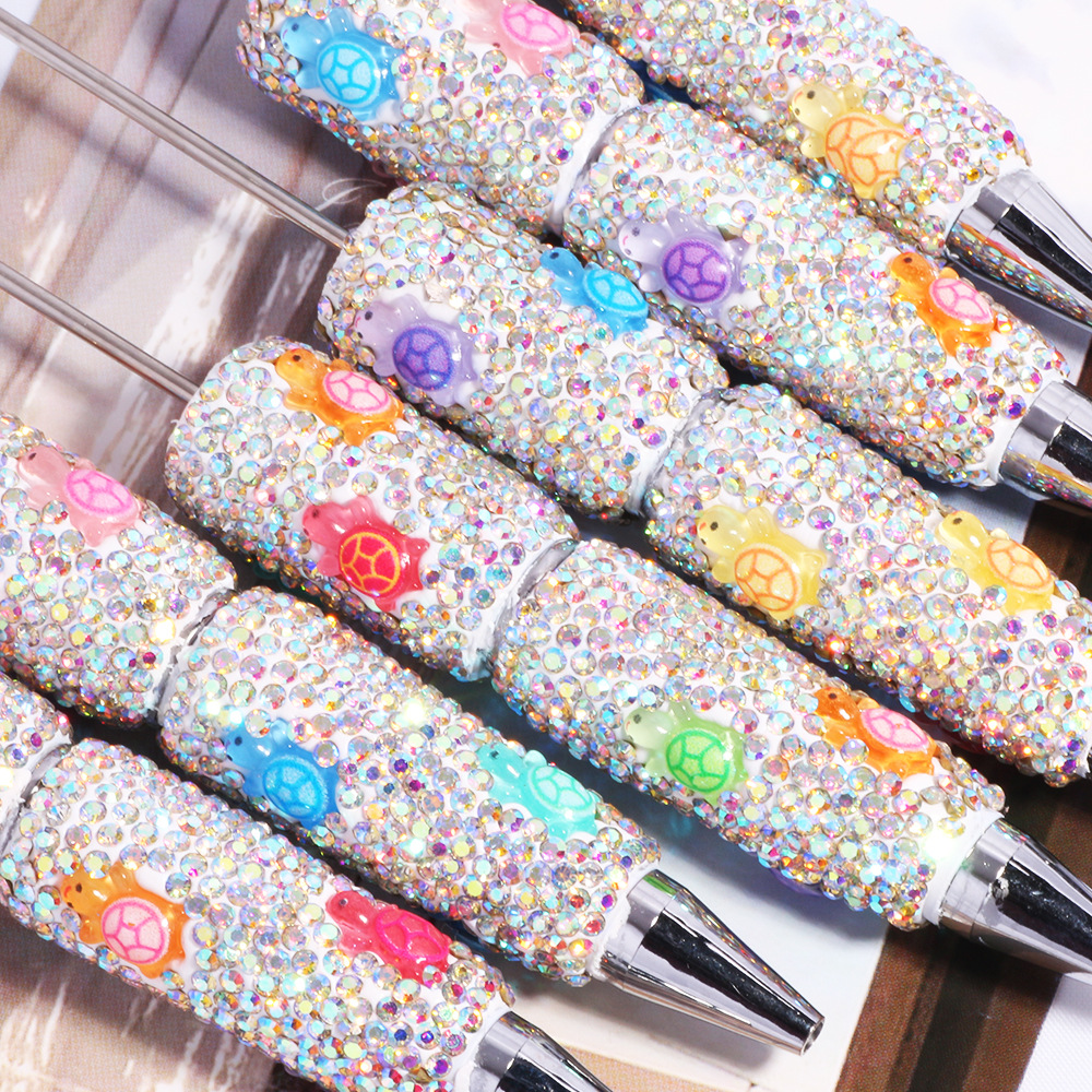 Wholesale Cross-Border New Cute Colorfulful Little Turtle Full of Diamonds Loose Beads Beaded Pen DIY Bead Ballint Pen Jewelry Aessories