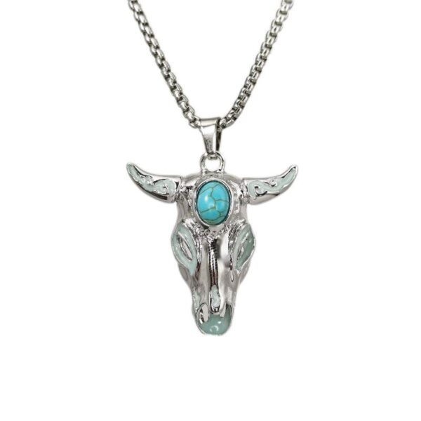 Wholesale European and American men's turquoise skull bull head stainless steel luminous necklace retro animal religious divine cow luminous pendant