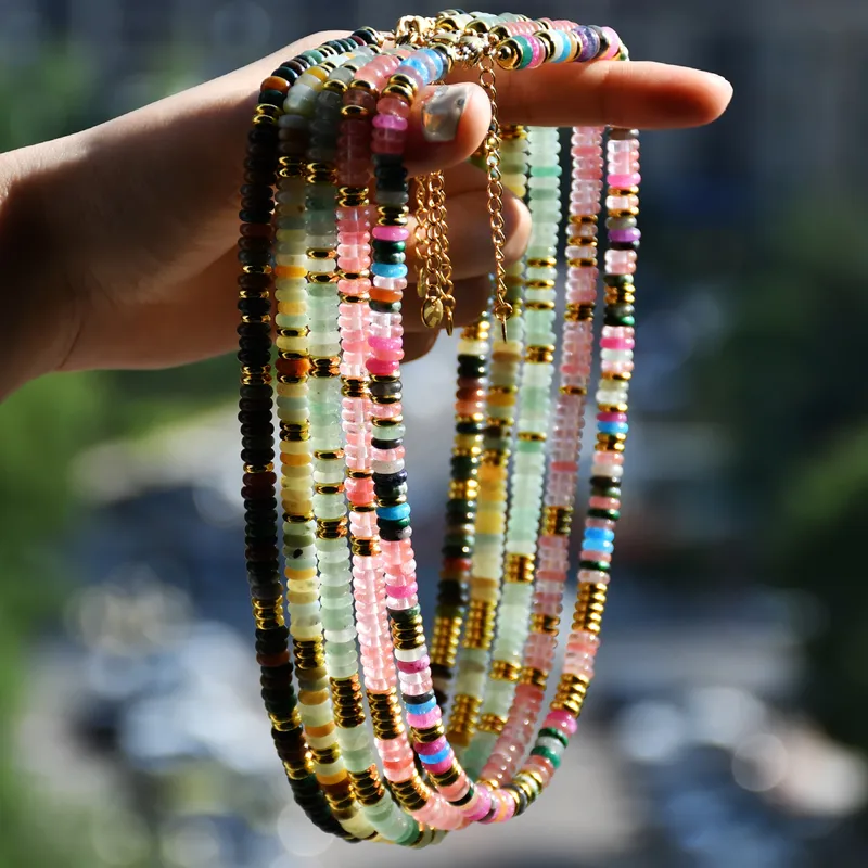 Wholesale Vacation Bohemian Color Block 316 Stainless Steel Natural Stone Electroplated Beaded Chain Necklace In Bulk