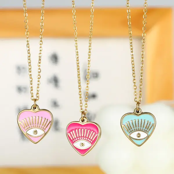 Wholesale Fashion Heart Shape Eye Stainless Steel Titanium Steel Enamel Plating Pendant Necklace 1 Piece