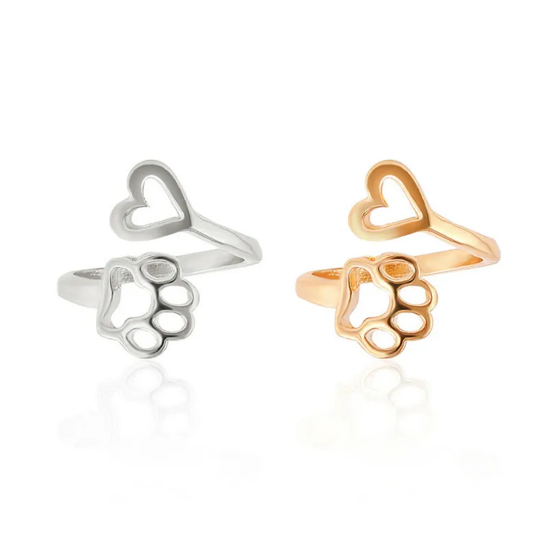 Wholesale PVD Coated Gold Plated Paw Print Heart Shape 304 Stainless Steel Simple Style Waterproof Non Tarnish Open Ring